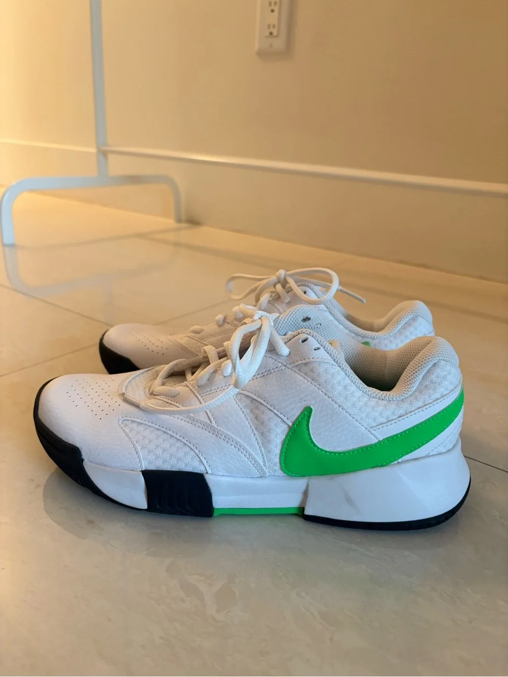Nike White Sneakers with Bright Green Swoosh